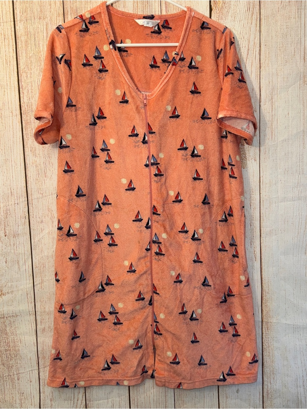 Adonna Orange Sailboat Zip-Front Sleep Terry Robe. Like new